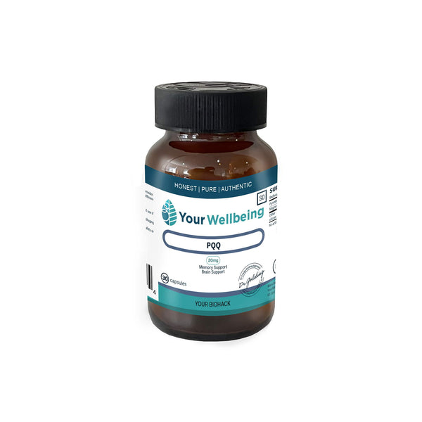 Bottle of Your Wellbeing PQQ supplement for cellular growth and antioxidant protection.