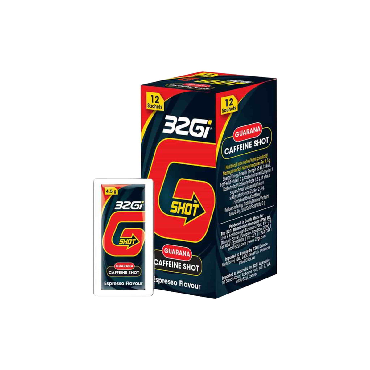 32Gi G Shots guarana caffeine shot in espresso flavor, featuring a convenient gel package and 12 sachets box.