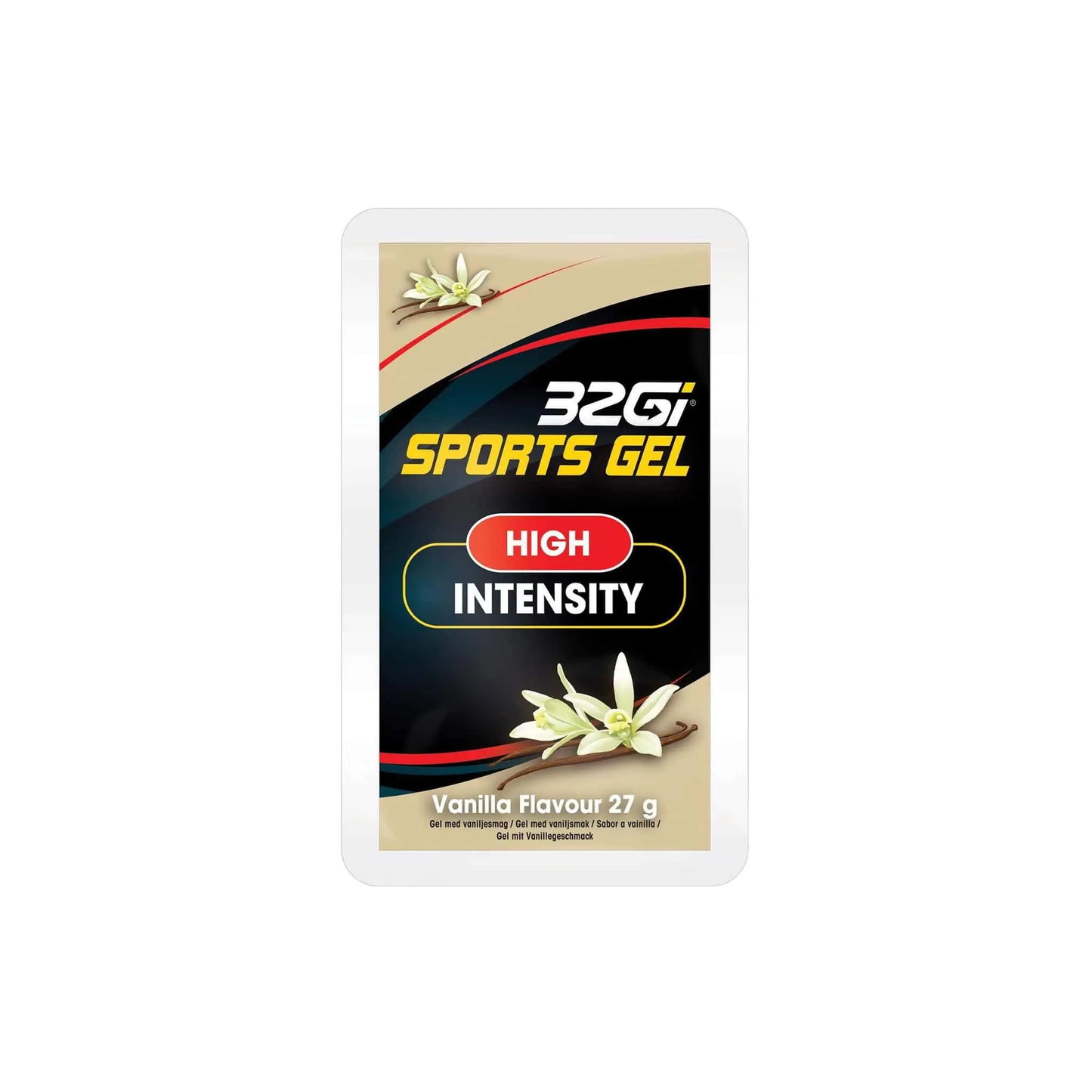32Gi Sports Gel vanilla flavor package, designed for high intensity energy during endurance sports. 27g of fast-acting carbohydrates.
