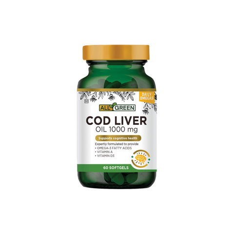 All Green Cod Liver Oil 1000mg softgel supplement bottle featuring Omega-3, Vitamin A, and D3 for cognitive health.