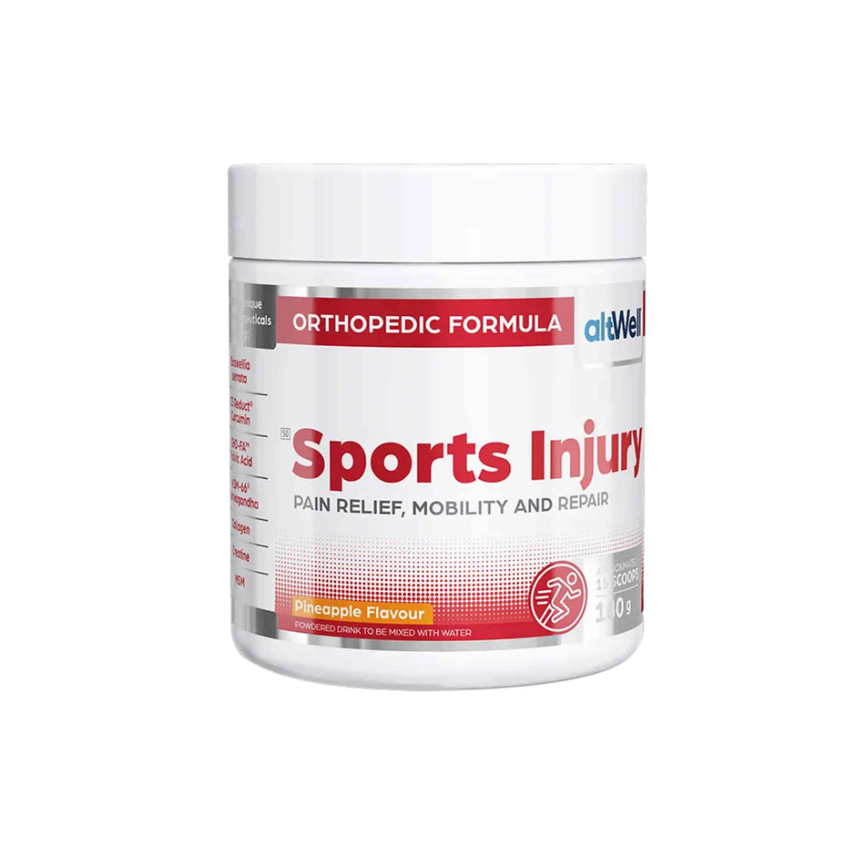 AltWELL Sports Injury powder for pain relief and mobility, featuring pineapple flavor and orthopedic formula packaging.