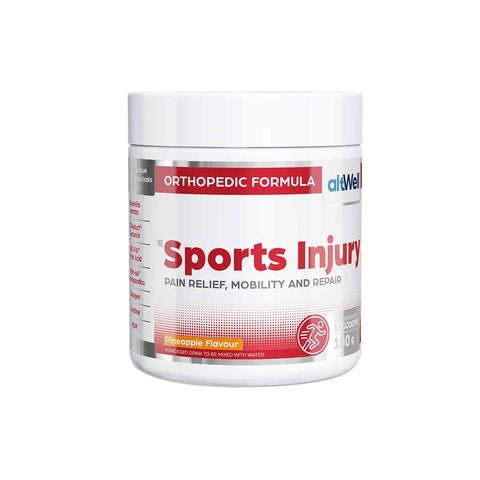 AltWELL Sports Injury powder for pain relief and mobility, featuring pineapple flavor and orthopedic formula packaging.