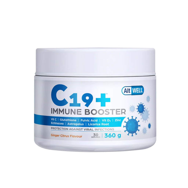 AltWELL C19+ Immune Booster powder jar in Ginger Citrus flavor, featuring key nutrients for immune support.