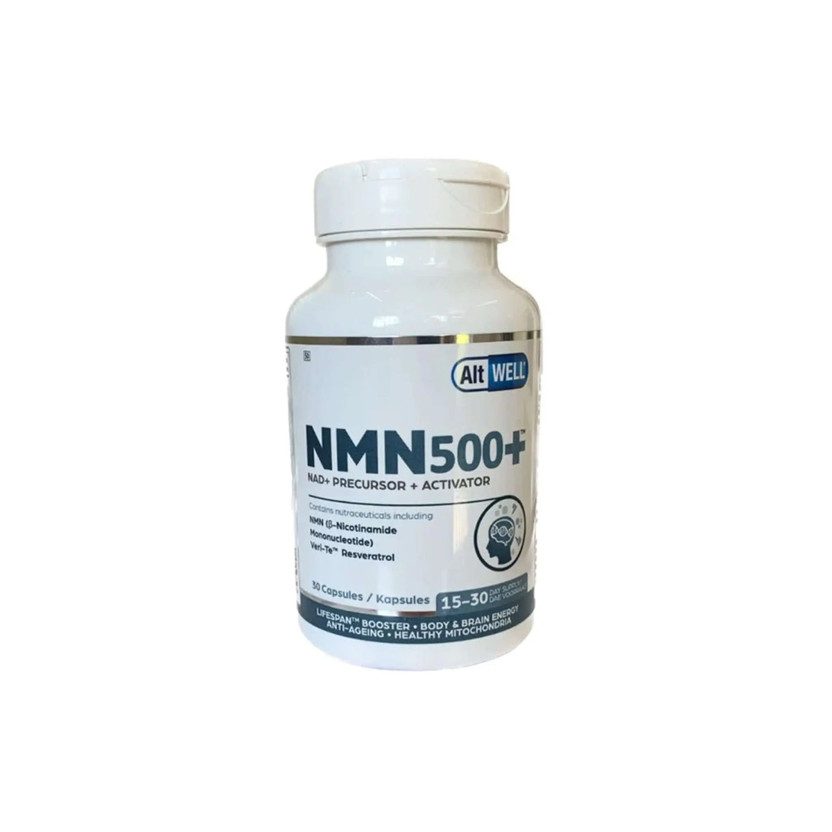 AltWell NMN500+ supplement bottle for anti-aging and wellness benefits, featuring NMN and Resveratrol.
