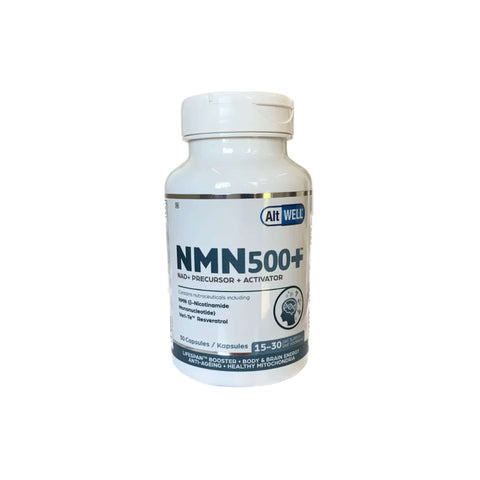 AltWell NMN500+ supplement bottle for anti-aging and wellness benefits, featuring NMN and Resveratrol.
