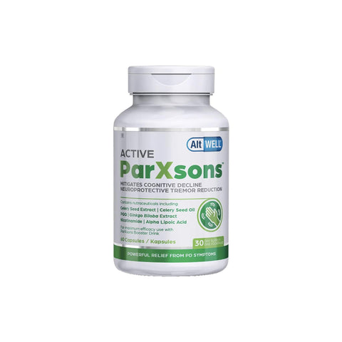 AltWELL ParXsons Active nutraceutical bottle for tremor reduction and cognitive support, featuring 30 capsules.