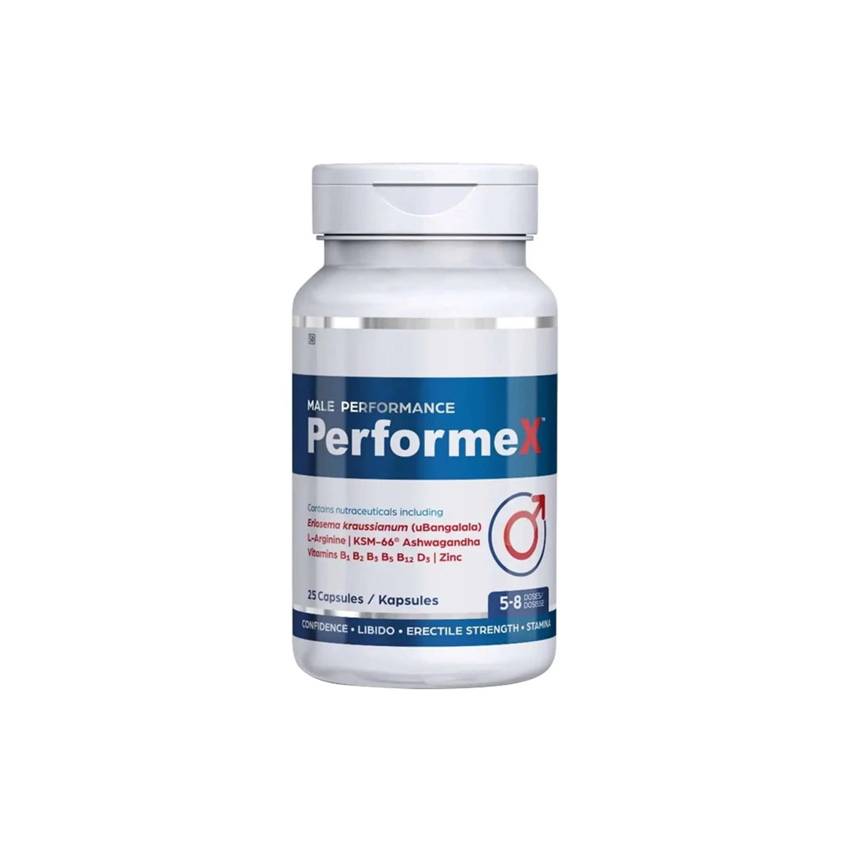 PerformeX male performance supplement bottle, 25 capsules, enhanced nitric oxide and muscle support.