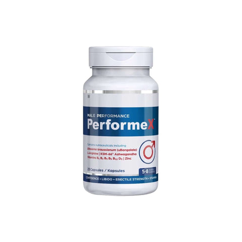 PerformeX male performance supplement bottle, 25 capsules, enhanced nitric oxide and muscle support.