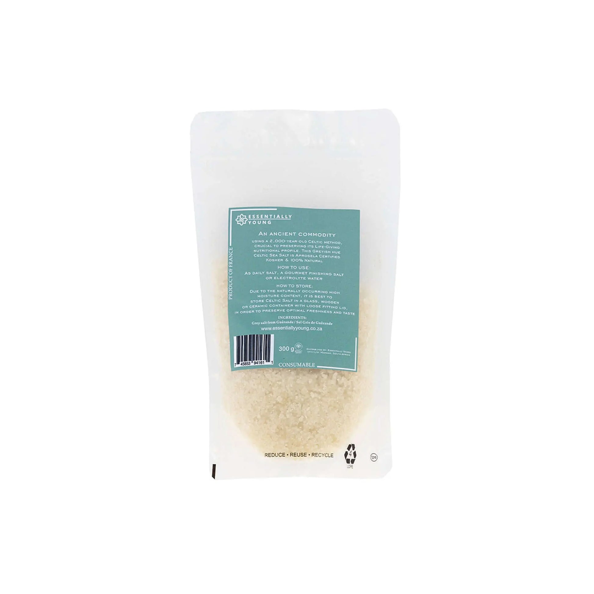 Celtic sea salt in a eco-friendly pouch, rich in essential electrolytes from Guérande, France.