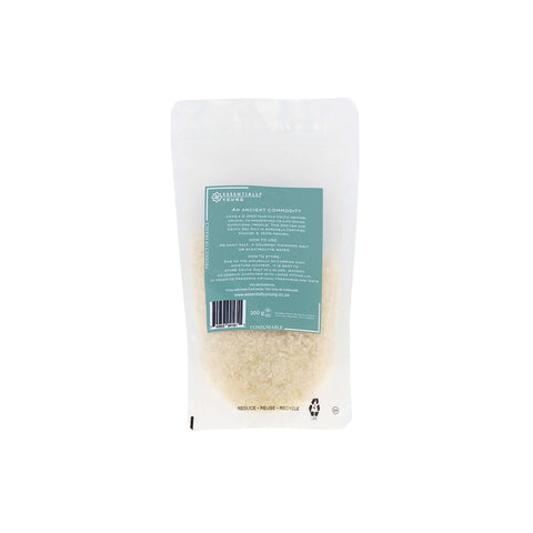 Celtic sea salt packaged in a clear bag, hand harvested from Guérande, France, ideal for cooking and seasoning.