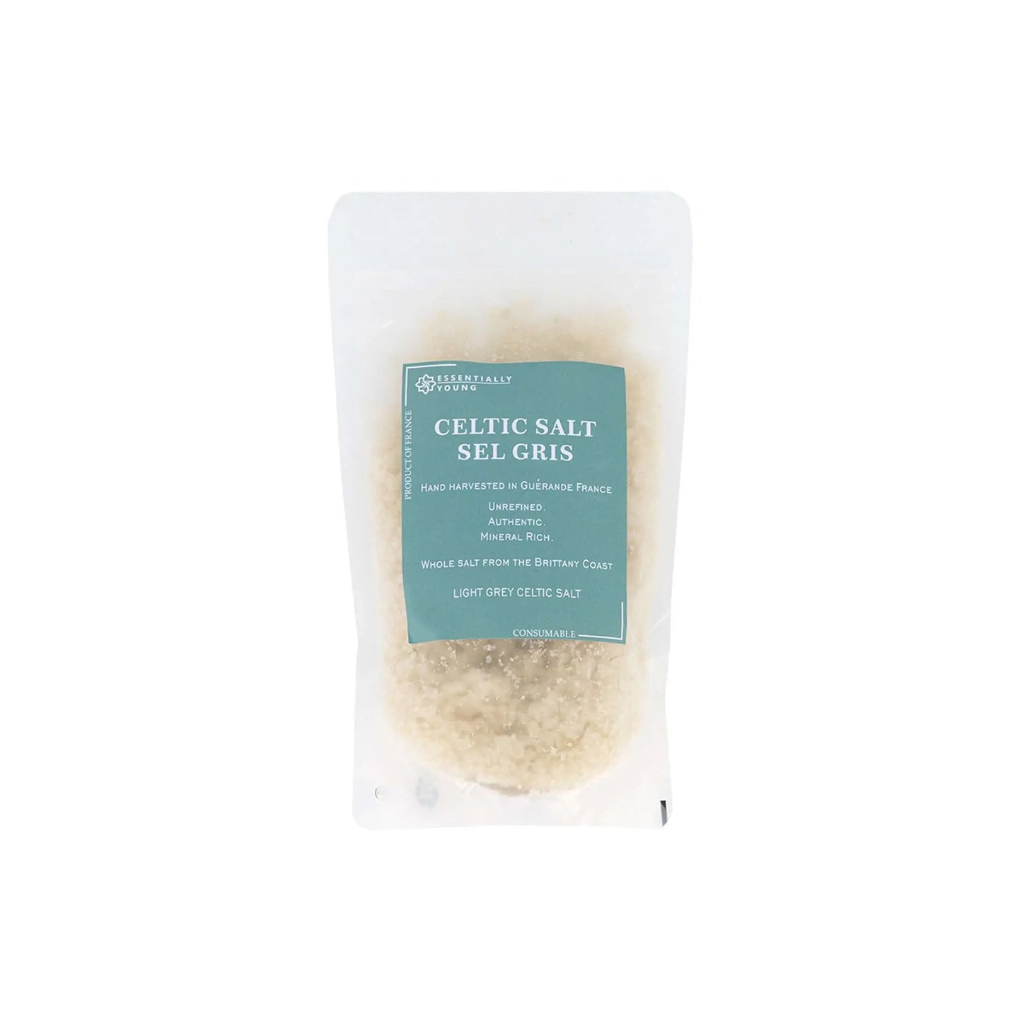 Celtic sea salt packaged in a clear bag, hand harvested from Guérande, France, ideal for cooking and seasoning.