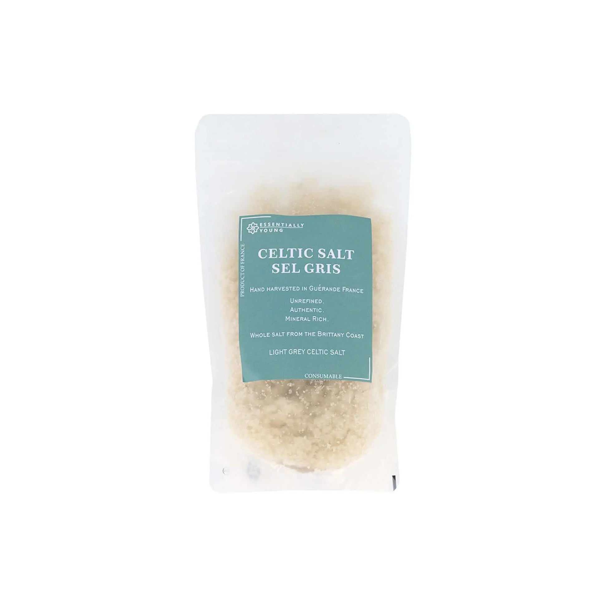 Celtic sea salt packaged in a clear bag, hand harvested from Guérande, France, ideal for cooking and seasoning.