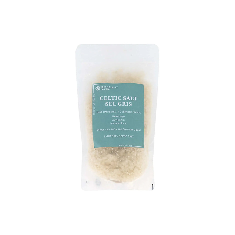 Celtic sea salt packaged in a clear bag, hand harvested from Guérande, France, ideal for cooking and seasoning.