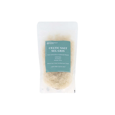 Celtic sea salt packaged in a clear bag, hand harvested from Guérande, France, ideal for cooking and seasoning.
