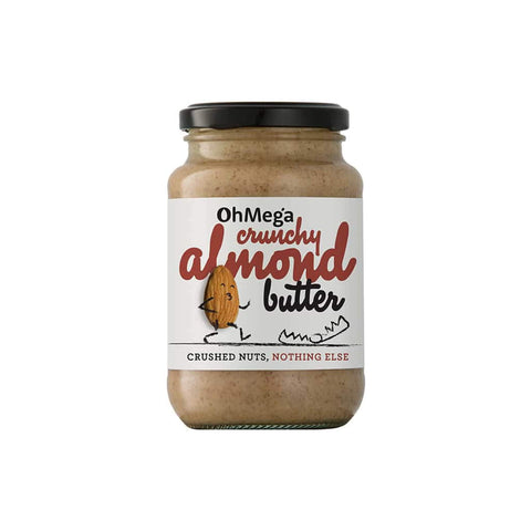 jar of Crede Oh Mega Crunchy Almond Butter with a label highlighting crushed nuts, packed with protein and nutrients.