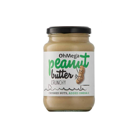 Jar of OhMega Crunchy Peanut Butter with crushed nuts and added omega 3, highlighting natural ingredients for a nutritious snack.