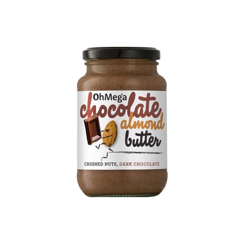 Crede Ohmega Almond Butter Chocolate jar featuring crushed almonds and dark chocolate blend. Perfect for spreads and smoothies.