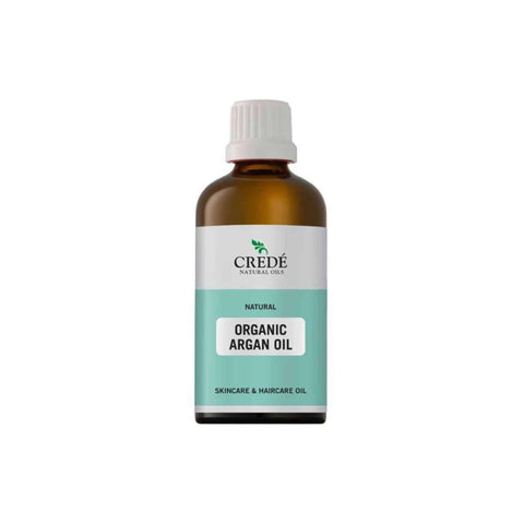 Crede Organic Argan Oil bottle for natural skincare and haircare, featuring a clear golden brown hue.