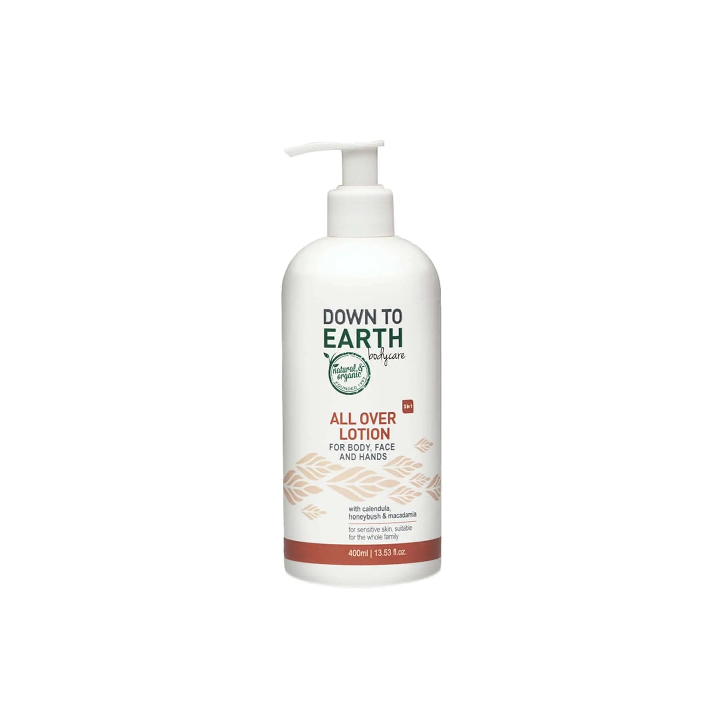Down To Earth All Over Lotion bottle with pump for nourishing skin on body, face, and hands, suitable for all skin types.