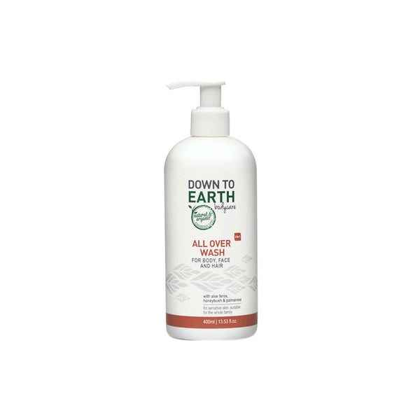 Down to Earth All Over Wash for body, face & hair in a pump bottle, sulfate-free and gentle for sensitive skin.