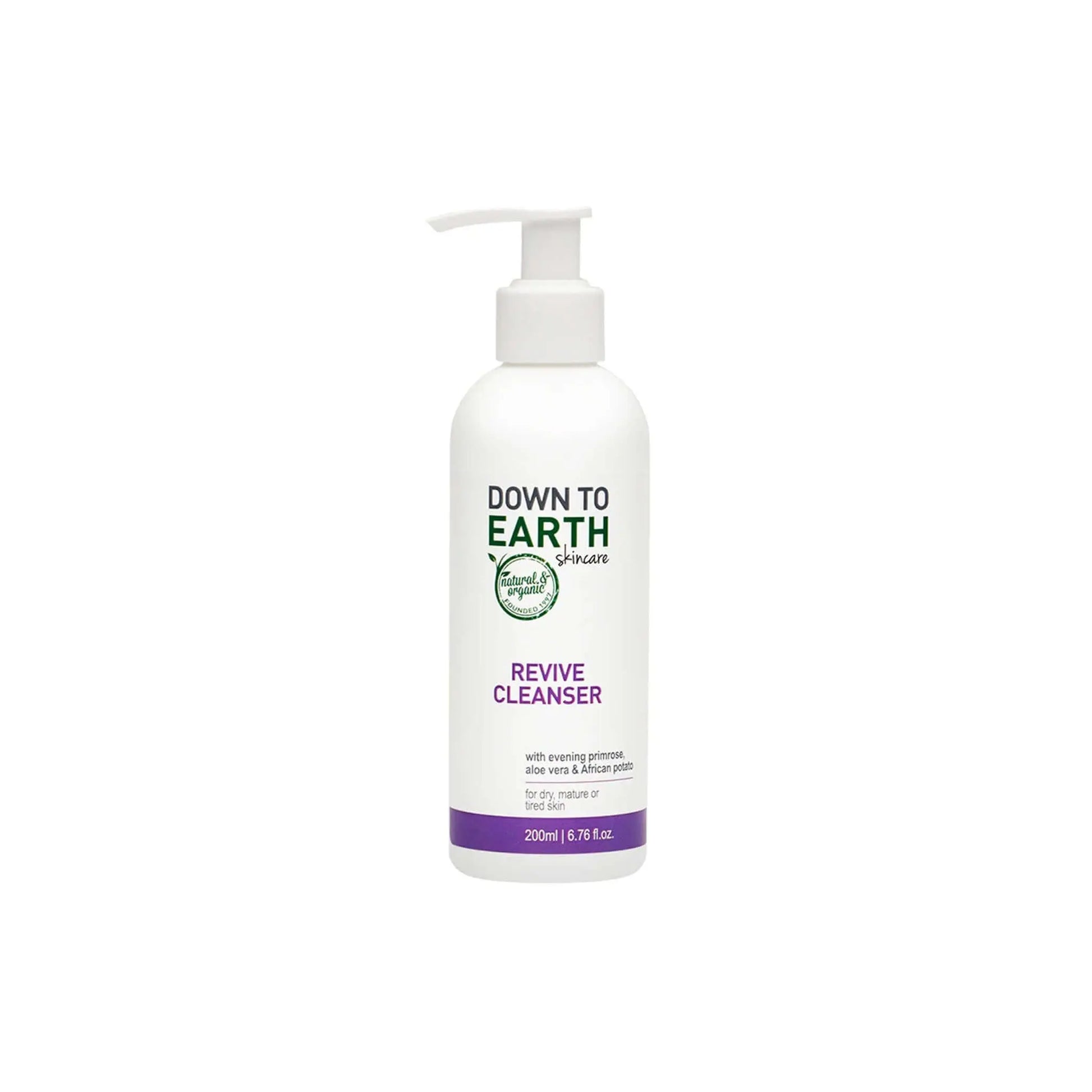 Down to Earth Revive Cleanser bottle for dry, mature skin with evening primrose and aloe vera, 200ml size.