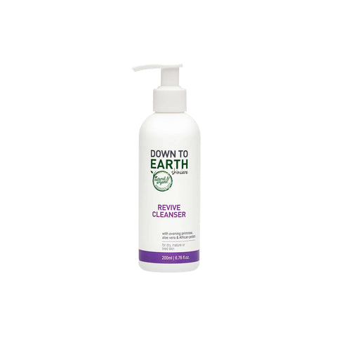 Down to Earth Revive Cleanser bottle for dry, mature skin with evening primrose and aloe vera, 200ml size.