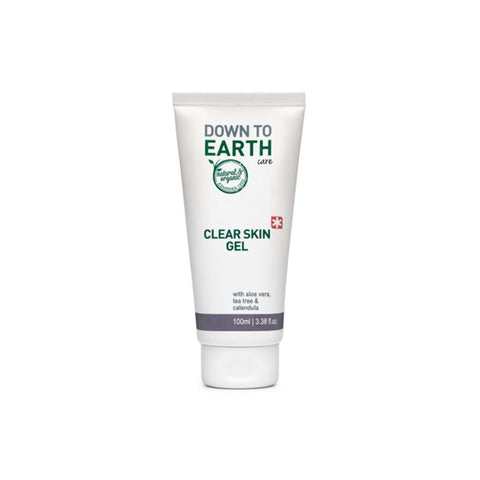 Down To Earth Clear Skin Gel tube with aloe vera, tea tree, and calendula for soothing skin care. 100ml size.