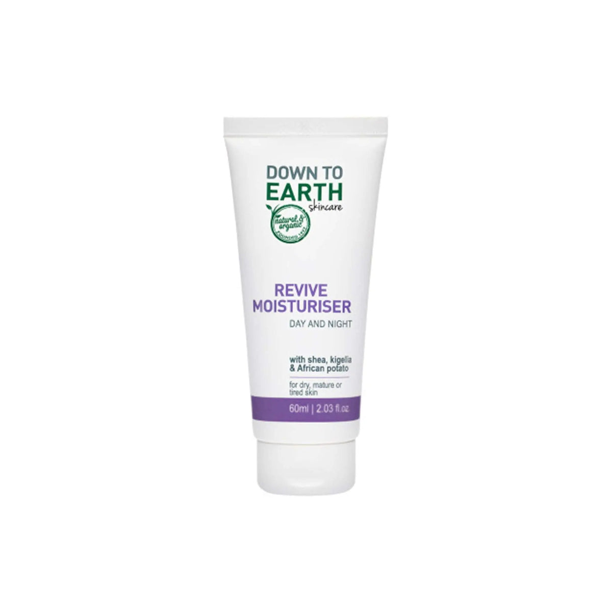 Down To Earth Revive Moisturiser tube for dry, mature skin with shea butter, kigelia, and African potato, 60ml.