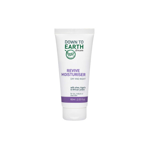 Down To Earth Revive Moisturiser tube for dry, mature skin with shea butter, kigelia, and African potato, 60ml.