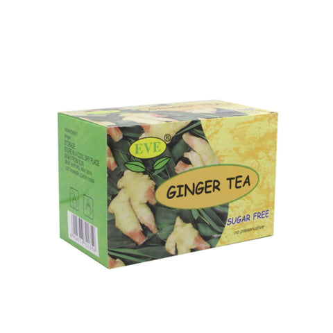 Eve's Instant Ginger Tea No Sugar packaging showcasing its refreshing, sugar-free benefits for digestion and wellness.