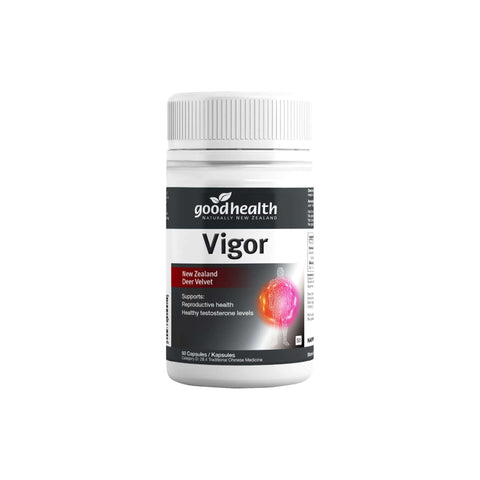 Good Health Vigor supplement bottle with Deer Velvet, supports reproductive health and energy levels for men.