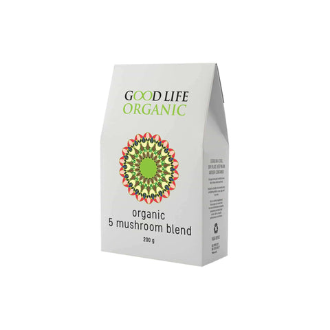 Good Life Organic 5 Mushroom Blend packaging, 200g, showcasing natural mushroom health benefits.