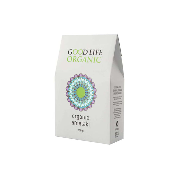 Good Life Organic Amalaki Fruit Powder package, 200g, featuring a vibrant floral design and clear labeling.