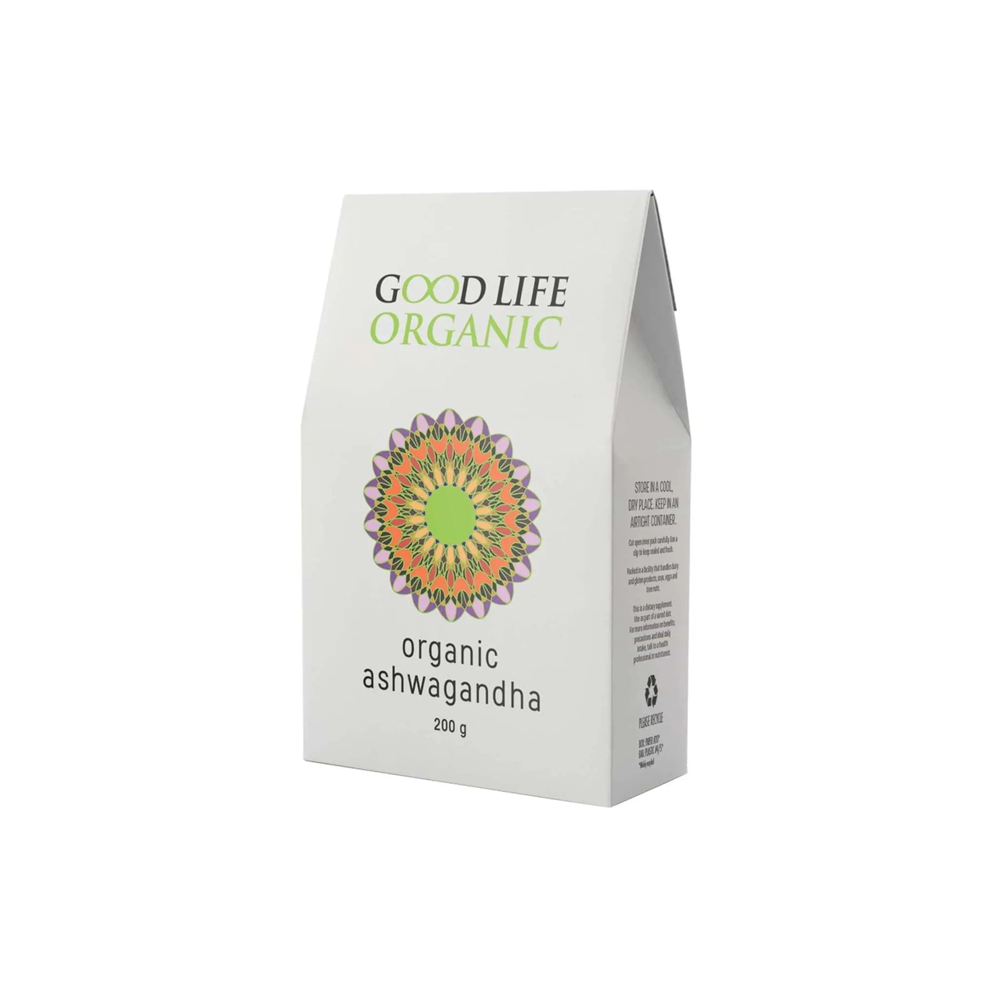 Good Life Organic Ashwagandha Powder 200g packaging with vibrant design, promoting health and wellness benefits.