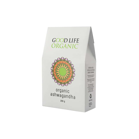 Good Life Organic Ashwagandha Powder 200g packaging with vibrant design, promoting health and wellness benefits.