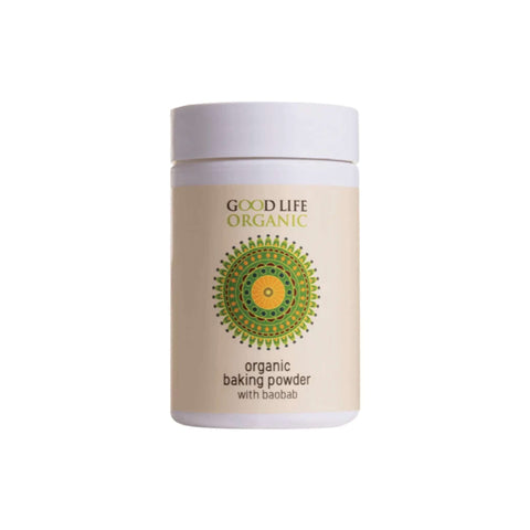 Good Life Organic Baking Powder with Baobab in a decorated container, ideal for natural baking solutions.