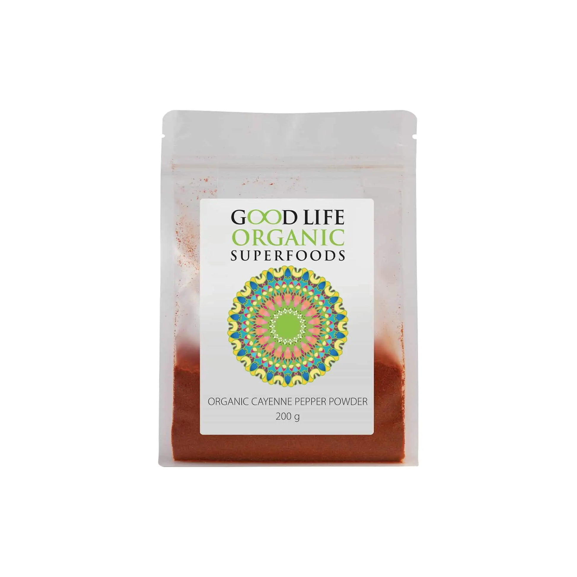 Good Life Organic Cayenne Pepper Powder packaging, 200g, featuring vibrant design and herbal benefits.