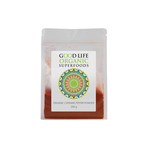 Good Life Organic Cayenne Pepper Powder packaging, 200g, featuring vibrant design and herbal benefits.
