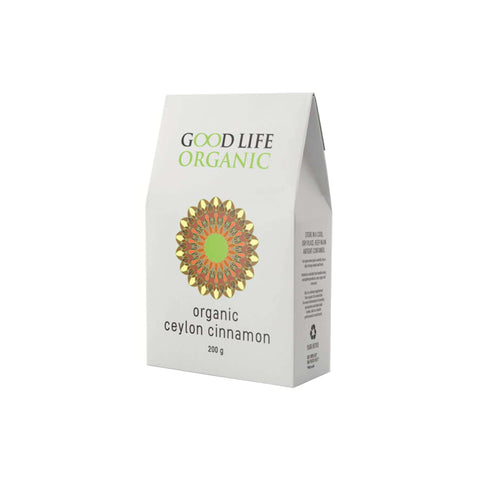 Good Life Organic Ceylon Cinnamon Powder packaging, 200g, featuring vibrant design and text.
