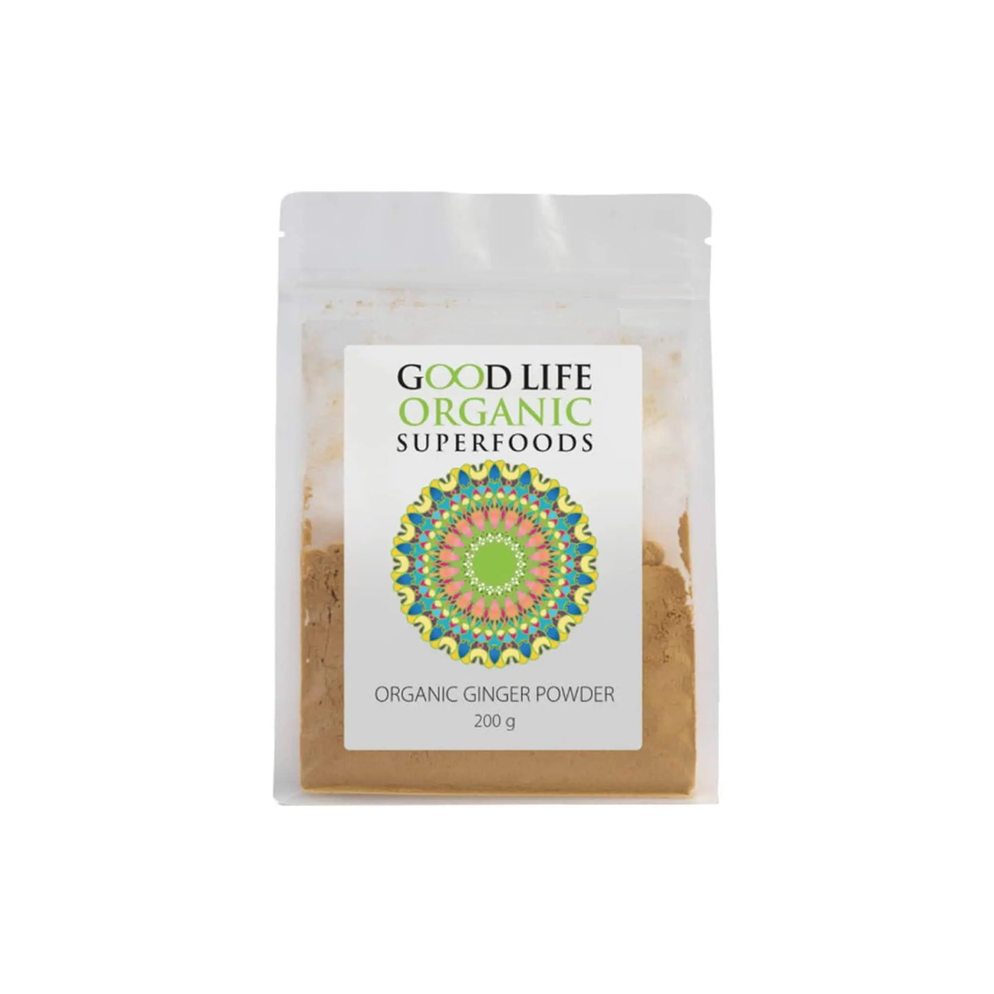 Good Life Organic Ginger Powder pouch, showcasing 200g of natural, potent ginger for flavor and wellness benefits.