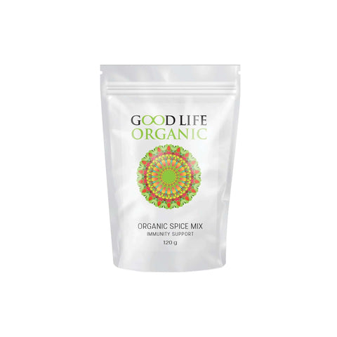 Good Life Organic Organic Spice Mix for immunity support in a 120g resealable pouch with vibrant mandala design.
