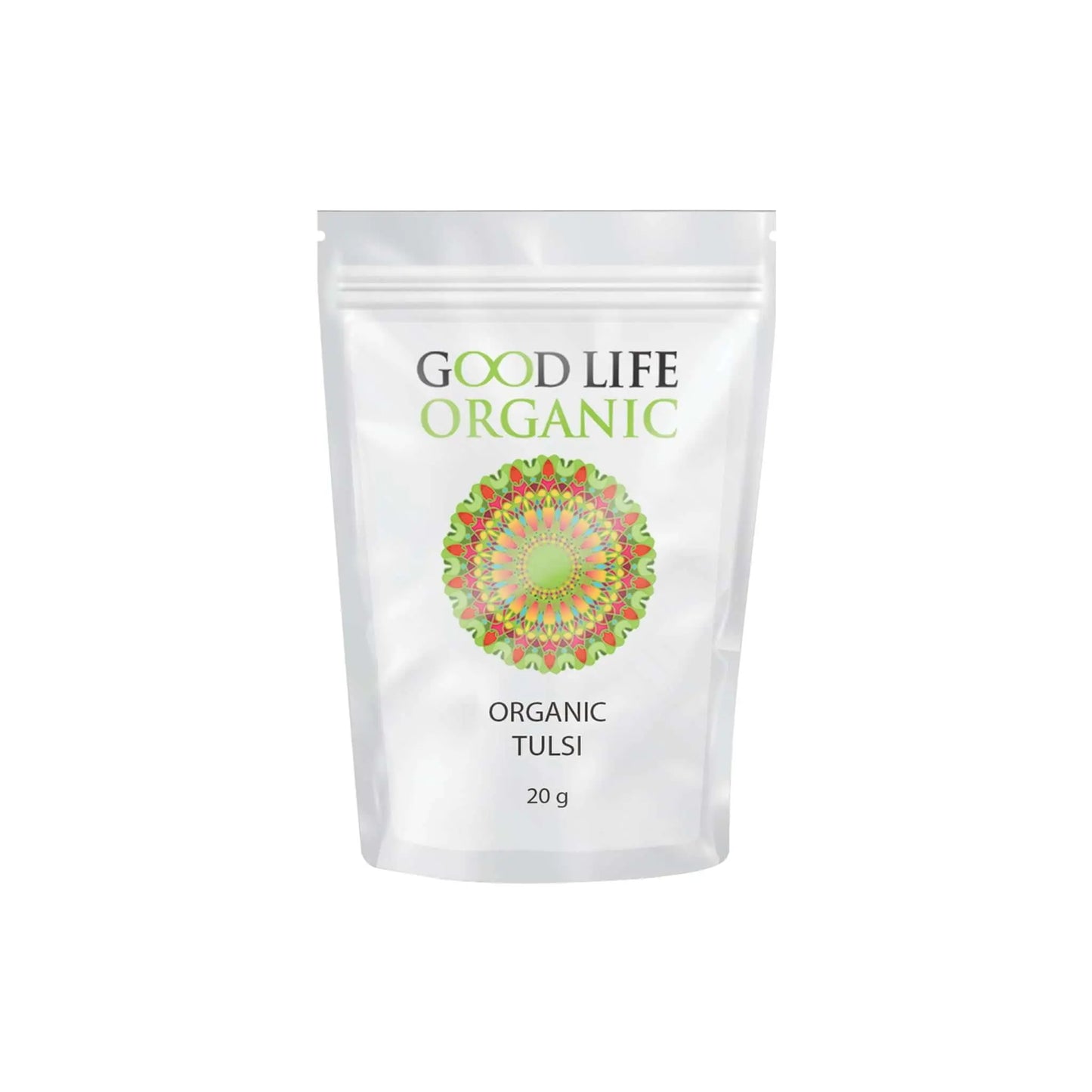 Good Life Organic Tulsi Tea packaging, 20g, featuring vibrant design and highlighting organic holy basil benefits.