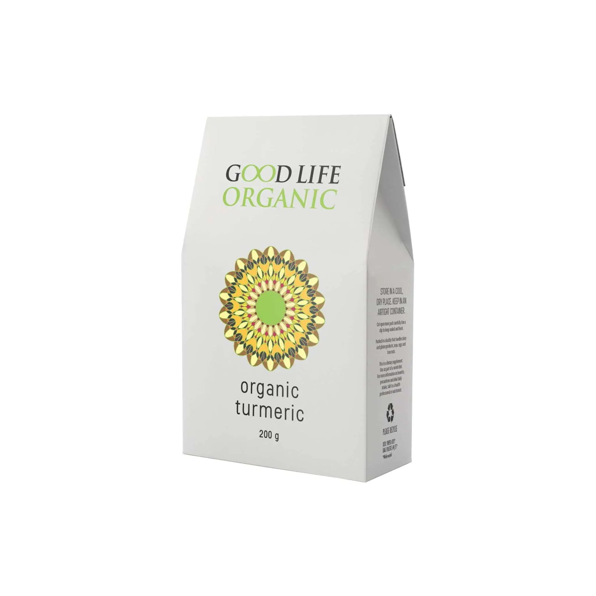 Good Life Organic Turmeric Powder packaging, 200g, certified organic, non-irradiated, vegan-friendly.