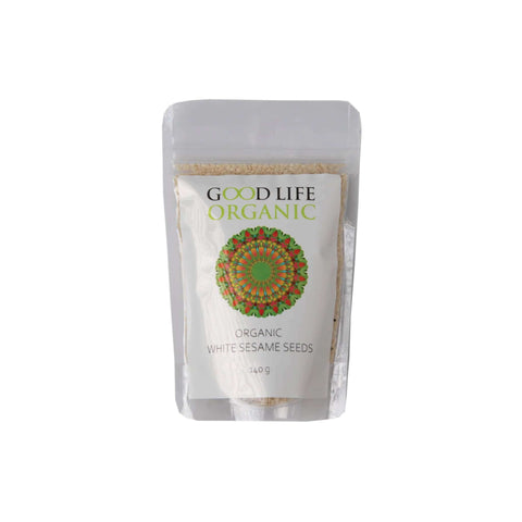 Good Life Organic White Sesame Seeds package showcasing 140g of nutrient-rich seeds for vegan diets.