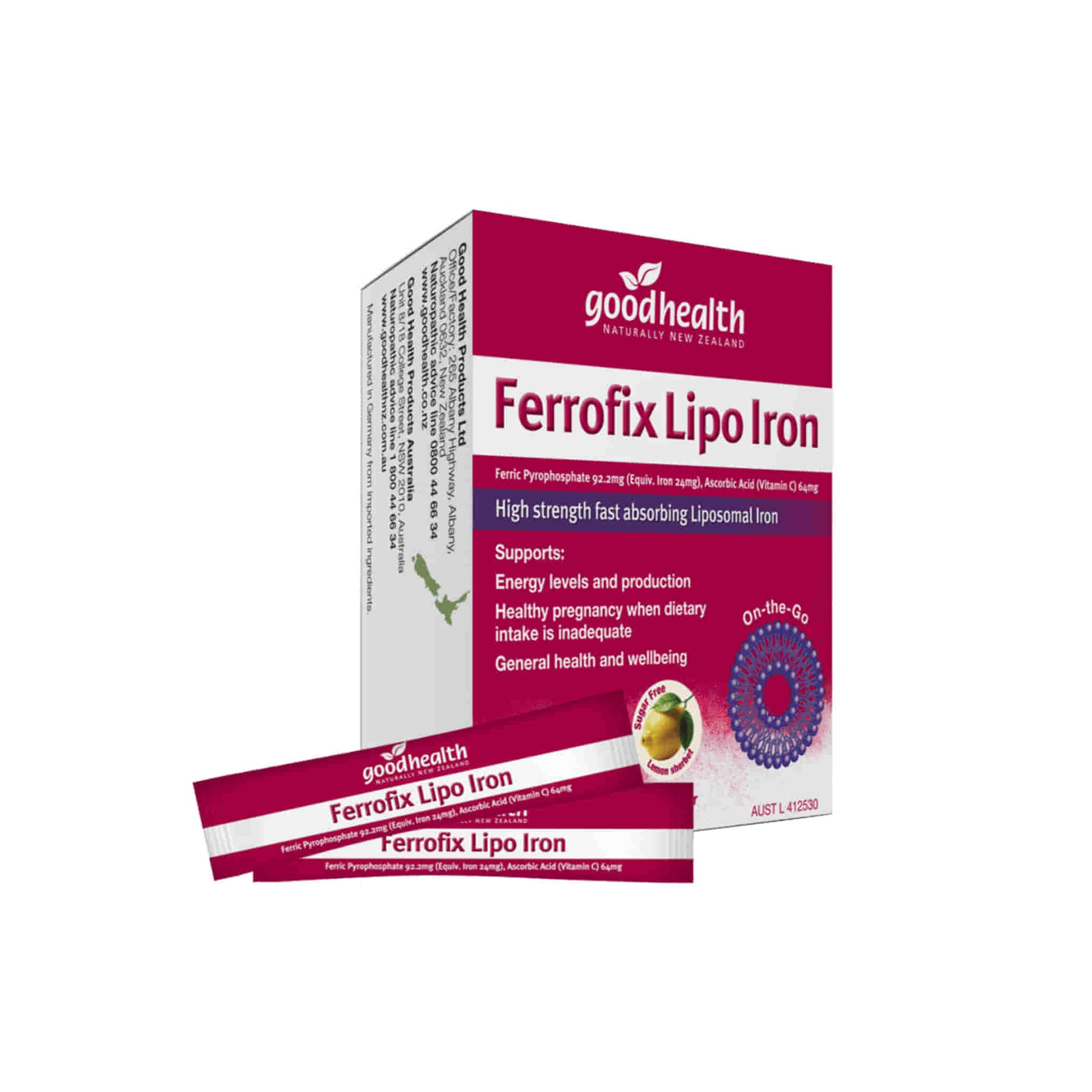 Good Health Ferrofix Lipo Iron supplement box with strips, supports energy levels and general health.