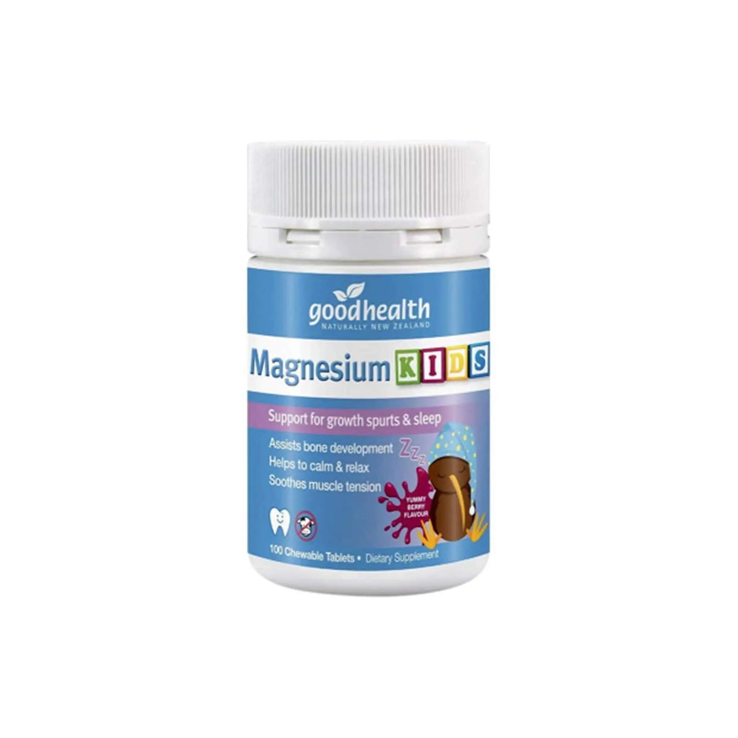 Good Health Magnesium Kids chewable tablets for growth, sleep support, and bone development in children.