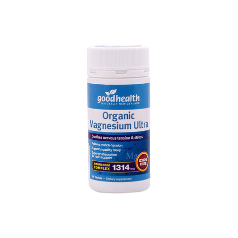 Good Health Organic Magnesium Ultra supplement bottle for muscle tension relief and improved sleep quality.