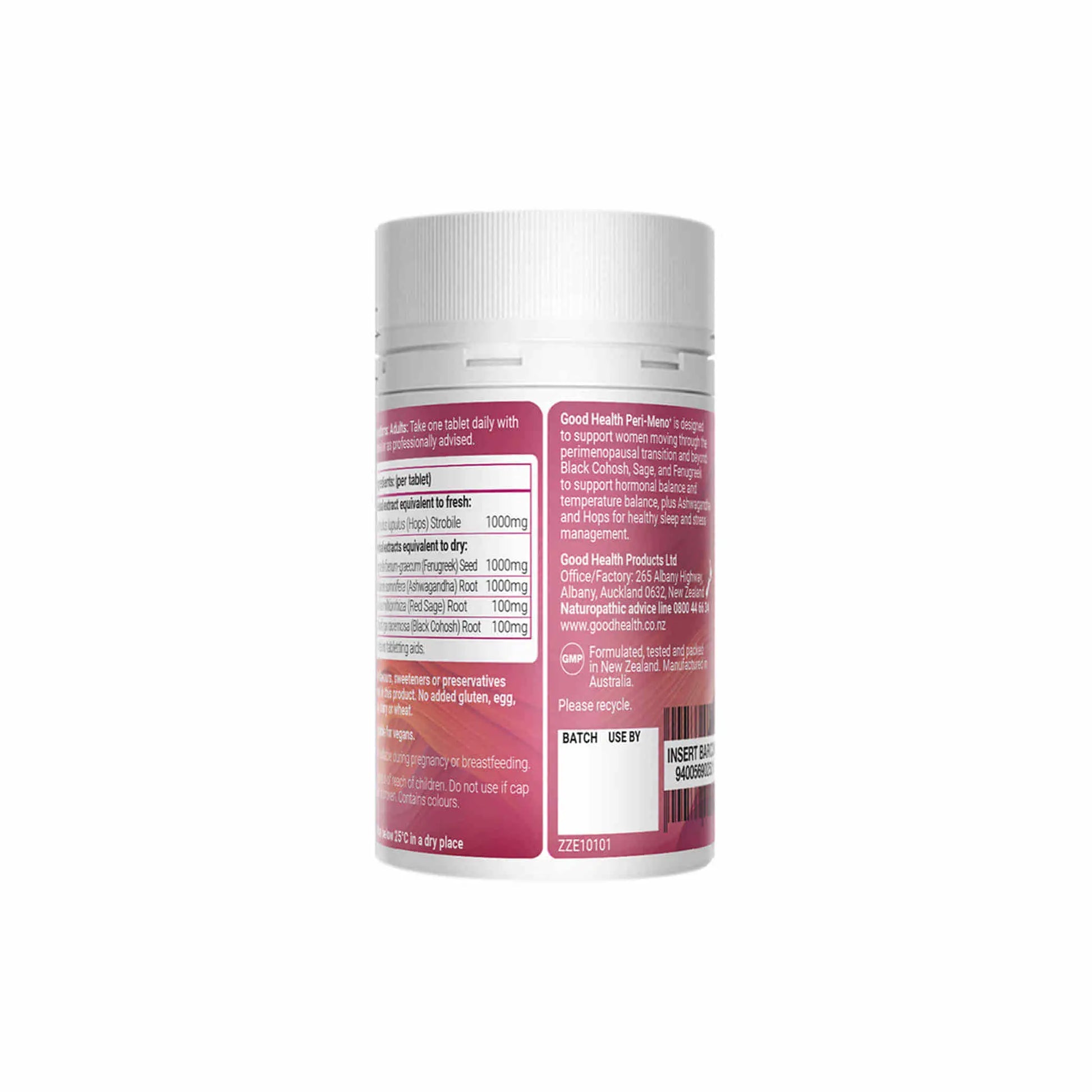 Good Health Peri-meno+ supplement bottle back view, highlighting ingredients and usage instructions for menopause support.