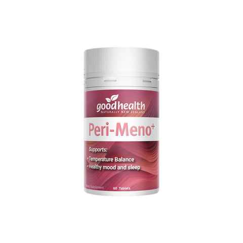 Good Health Peri-Meno+ supplement bottle supports temperature balance, mood, and sleep with 60 tablets.