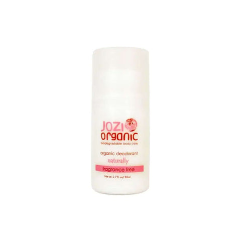 Jozi Deo Fragrance Free organic deodorant in a white container with pink label, made from natural ingredients.